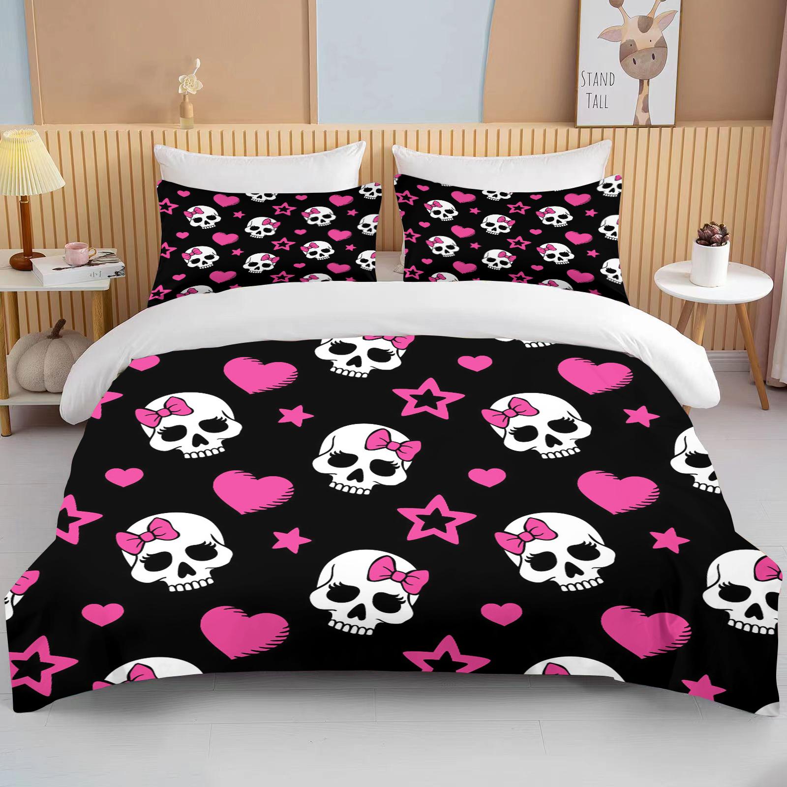 

Pink Skull Print Bedding Set Duvet Cover 1 Duvet Cover 2 Pillowcases Adult and Children Bedding Set Luxury Grils Gift Full Size EU Single(135*200cm)3pcs