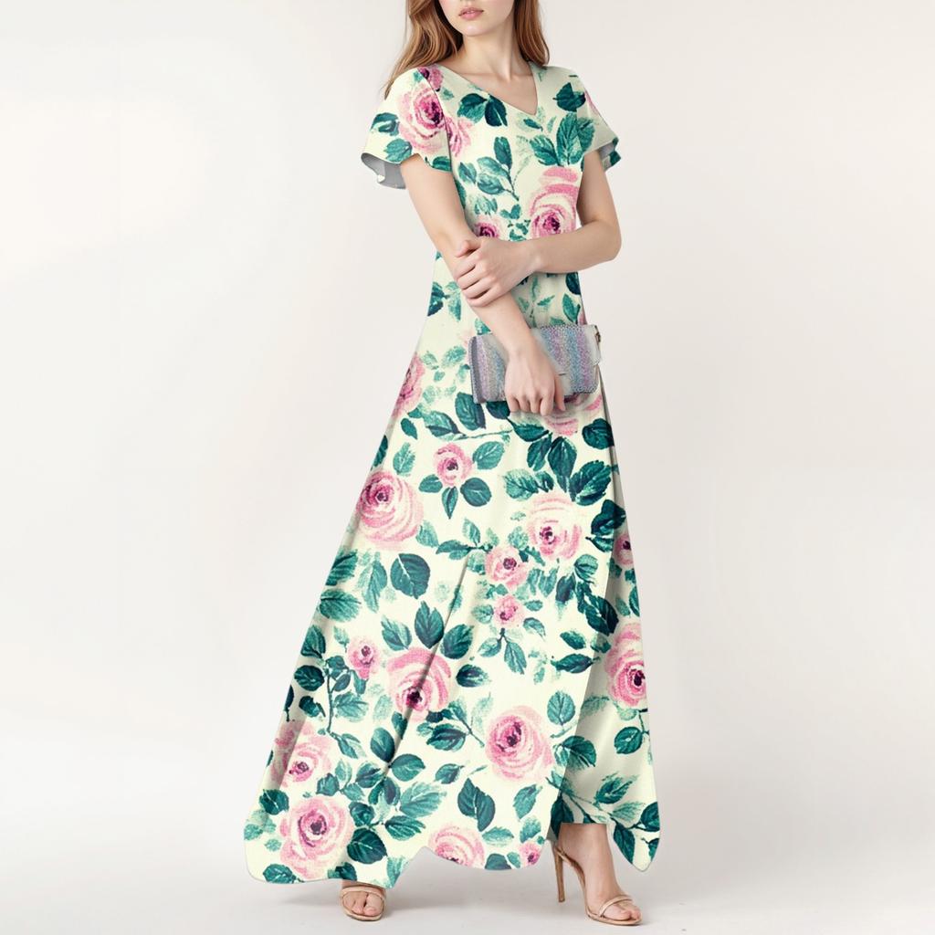 Women's Summer Casual Fashion Floral Print Dress V Neck Short Sleeve Dress