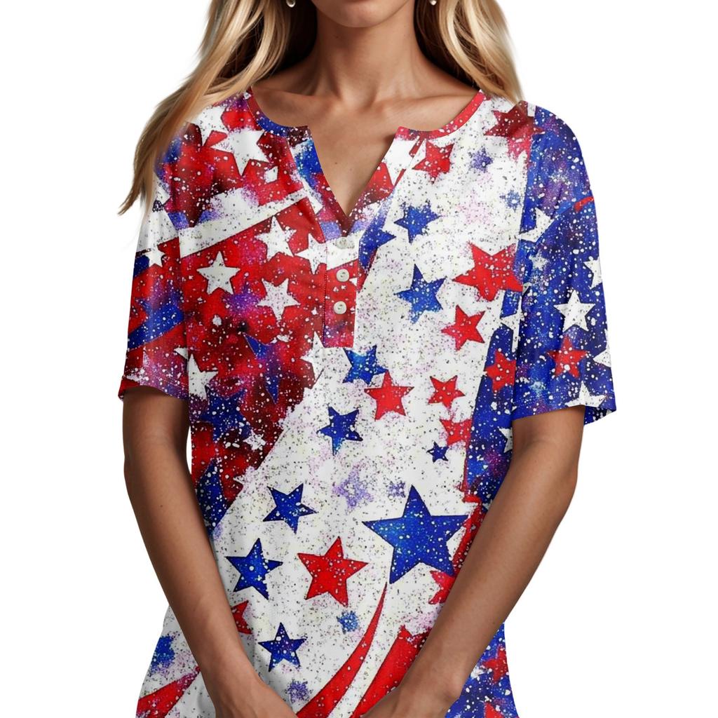 T-skjorte for kvinner med kortermet knapp med kortermet t-skjorte daglig helgmote Basic V-hals vanlig topp