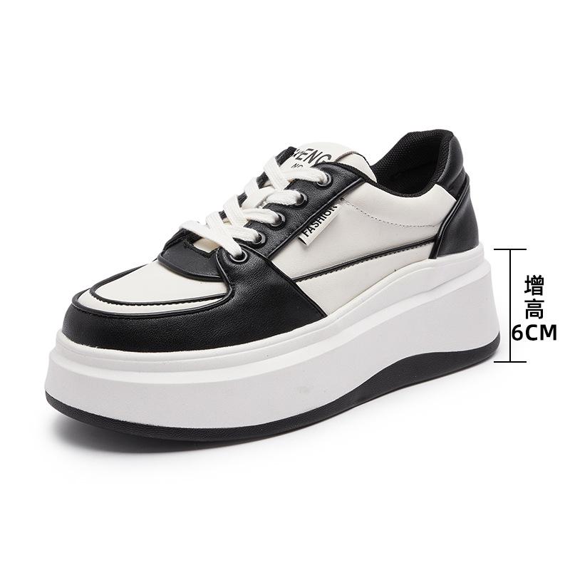 

6 см черно-белые кроссовки Panda на толстой подошве, высокие, маленькие белые туфли, женская обувь из натуральной кожи, новые повседневные туфли с большим носком для женщин 40 чёрный