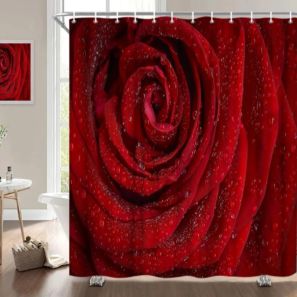 Alla hjärtans dag Duschdraperi, Rosblomma Hjärta Romantisk Växt Kärlek Läppstift Polyester Tryckt Tyg Badrumsdekoration