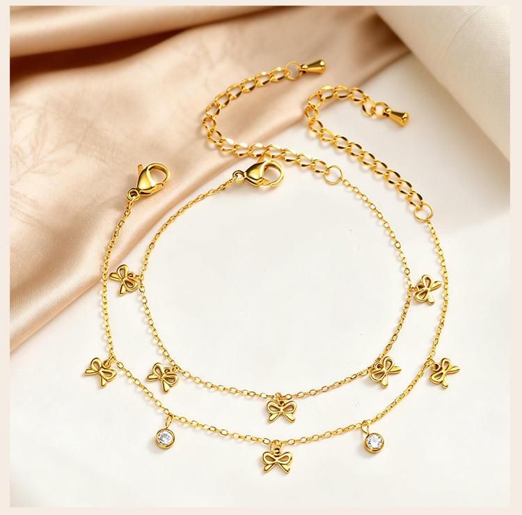 Bow Bracelet for Women 18K Gold Plated Non-Tarnish Waterproof Stainless Steel Dainty CZ Jewelry Minimalist Stackable Ribbon Gift