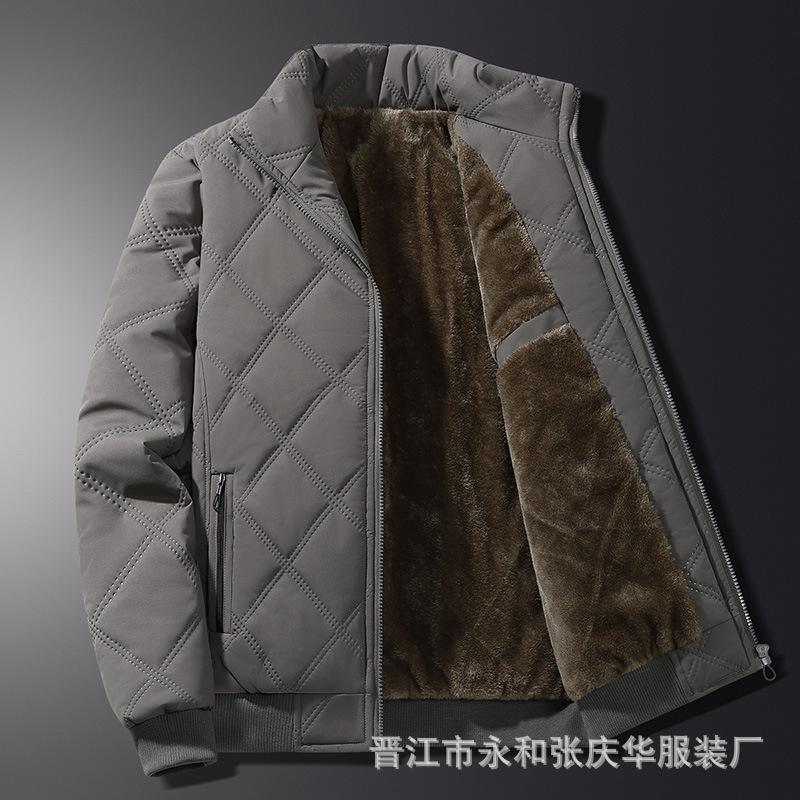 

Cotton clothes men s 2025 new autumn and winter stand-up collar plus fleece diamond plaid warm warm cotton jacket trendy cotton clothes 5XL темно-серого