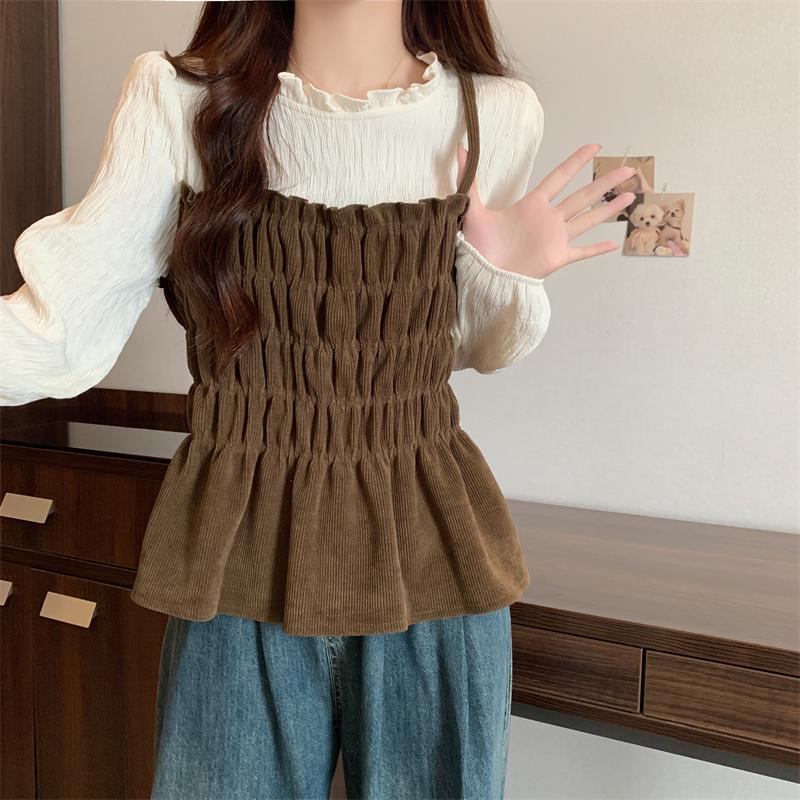 

Женская весенняя рубашка большого размера из вельвета в стиле пэчворк, с оборками, визуально стройнящая, с длинным рукавом M (Suggested 90-100 jin) хаки