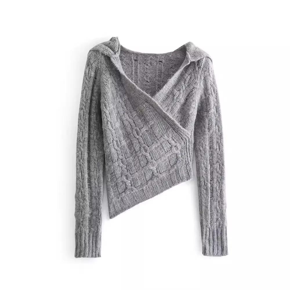 

Осенние укороченные свитера с капюшоном для женщин Асимметричный вязаный свитер для женщин Длинные рукава Пуловеры Трикотаж Топы L темно серый