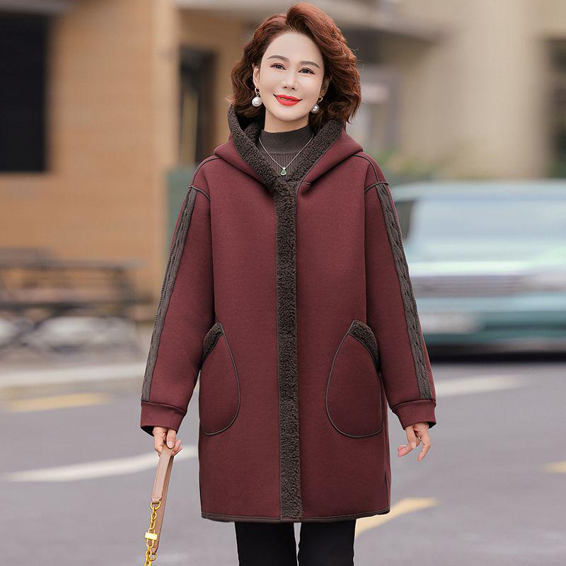 Mom's Double-Sided Hooded Overcoat: Thick Cotton-Padded, Fleece-Lined Jacket for Autumn & Winter - Mid-Length for Middle-Aged & Elderly Women