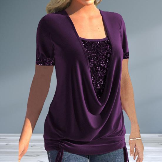 Čtvercový límec Krátký rukáv Skládací lem Jednobarevné Dámské Tričko Letní Flitry Prošívání Falešné dvoudílné topy