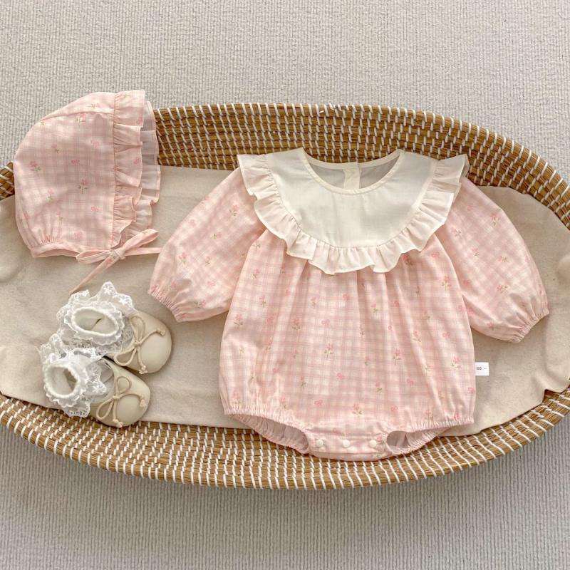Baby Girl Sweet Plaid Romper Bodysuit with Hat 66cm