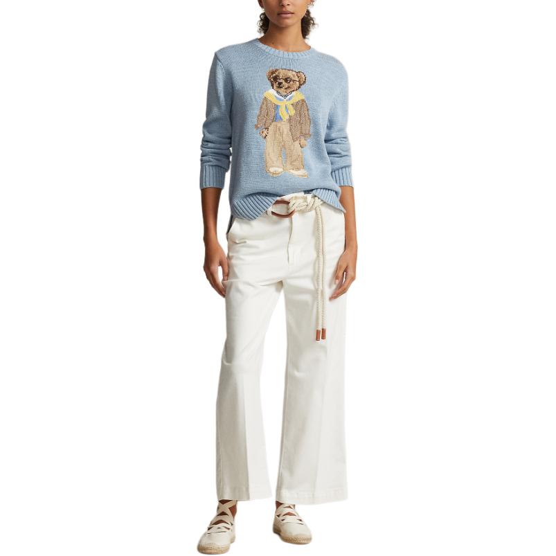 Polo Ralph Lauren SS24 Bear Embroidered Crew Neck Loose Fit Knit Sweater Women sweater Blue WMPOSWENC020874-450