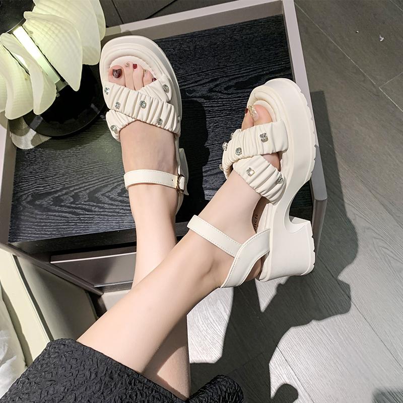 2024 Fashion Ladies Sandals Rhinestone High Heel Open Toe Buckle Sandals Summer Casual Beach Sandals Platform Sandals