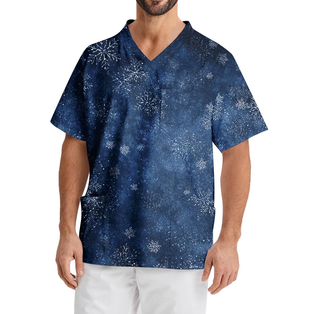 Men's Printing Short Sleeve V-neck Working Blouse Chest Pocket Carer Top