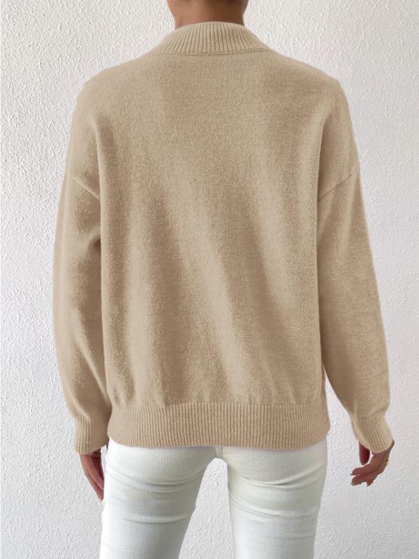 Women's Solid Color Loose Knit Sweater - Half-High Neck, Long Sleeve, Autumn/Winter Fashion.
