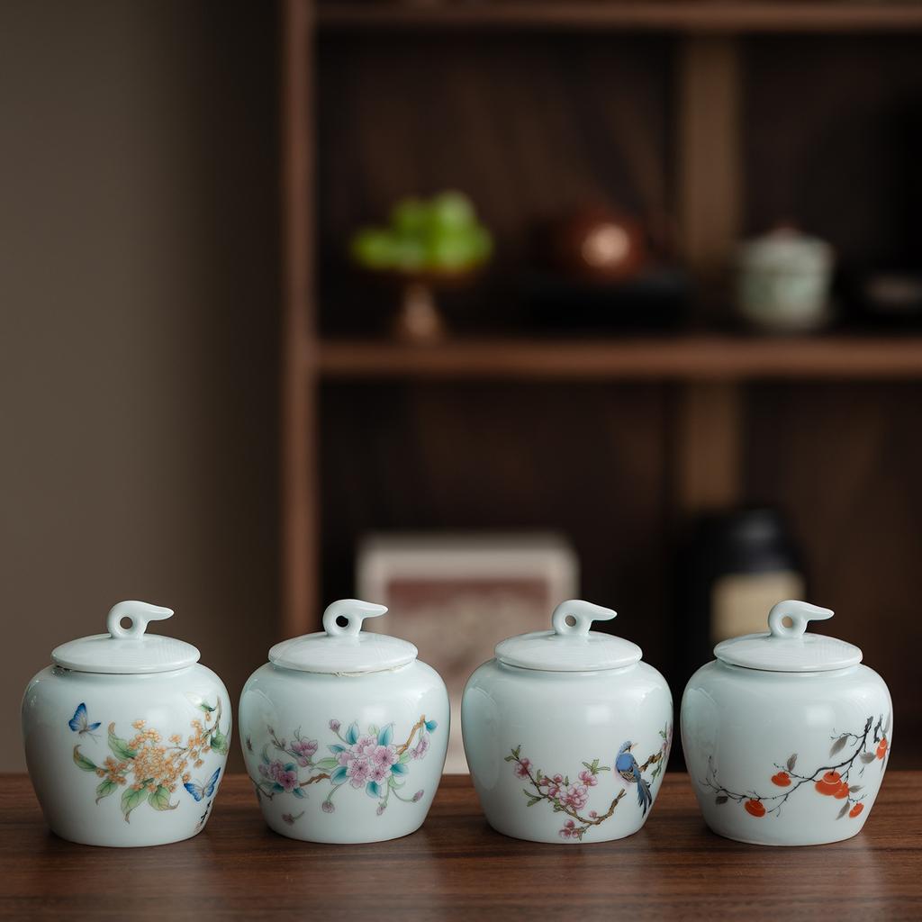 Celadon tea can with lid, fine mouth dustproof design and delicate texture Household tea preservation storage tank, storage tank