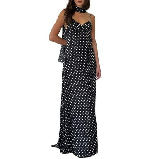 

2026 European Summer Women s Polka Dot V-Neck Spaghetti Strap Backless Dress S