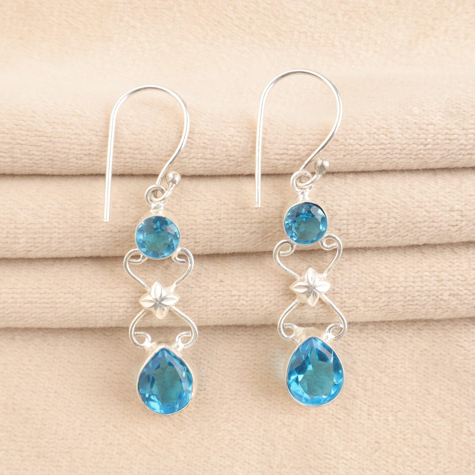 

Natural Swiss Blue Topaz Gemstone 925 Solid Silver Jewelry Handmade Earrings 2 EE-156-13