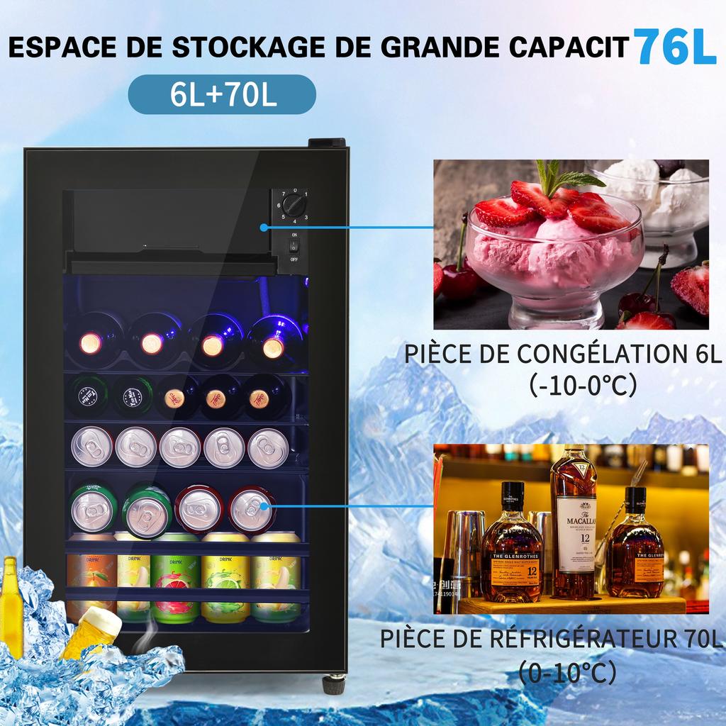 76L Mini Fridge, 6L+70L, LED Light, Holds 51 Cans Lemonade, Water, Beer or Wine, Compressor Cooling System, Energy-Efficient, Adjustable Shelves