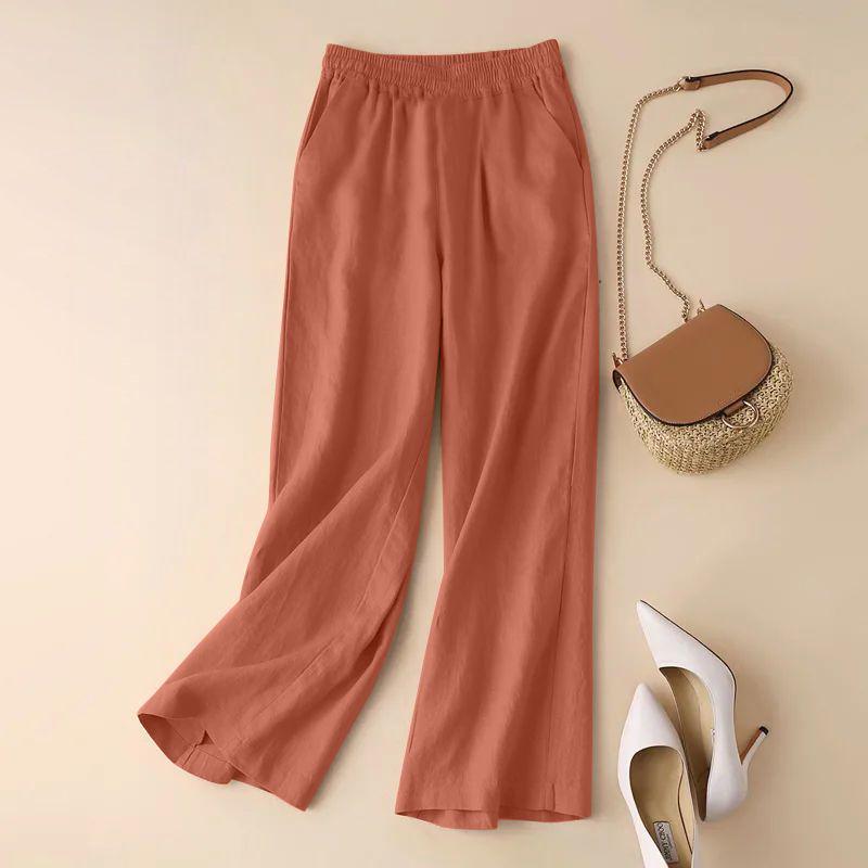 

Clearance: Women s Cotton & Linen Wide-Leg Pants - Versatile, Casual, and Loose-Fit XXL [131-145 lbs] оранжевый