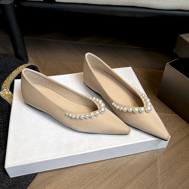 

Мода 2025 Новый Дизайн Жемчужная Отделка Женские Балетки из Шелка Женская Обувь Большого Размера Жемчужные Балетки Увеличивающие Рост Zapatos De Mujer 42 абрикосовый