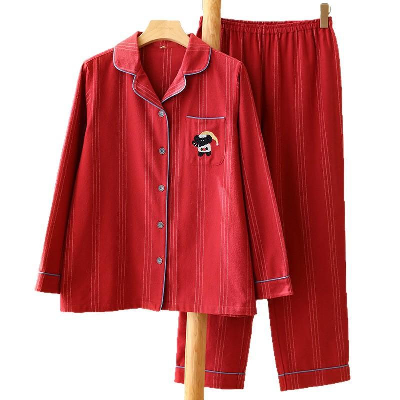 Autumn and Winter Men's and Women's Couples Red Simple Stripes Pure Cotton Double-strand Polished Men's Pajamas Homewear Long-sleeved Suit