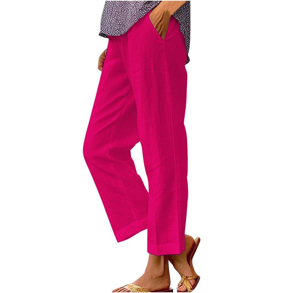 2024 Women's Spring/Summer Solid Color Cotton Linen Elastic Waist Wide-Leg Casual Pants
