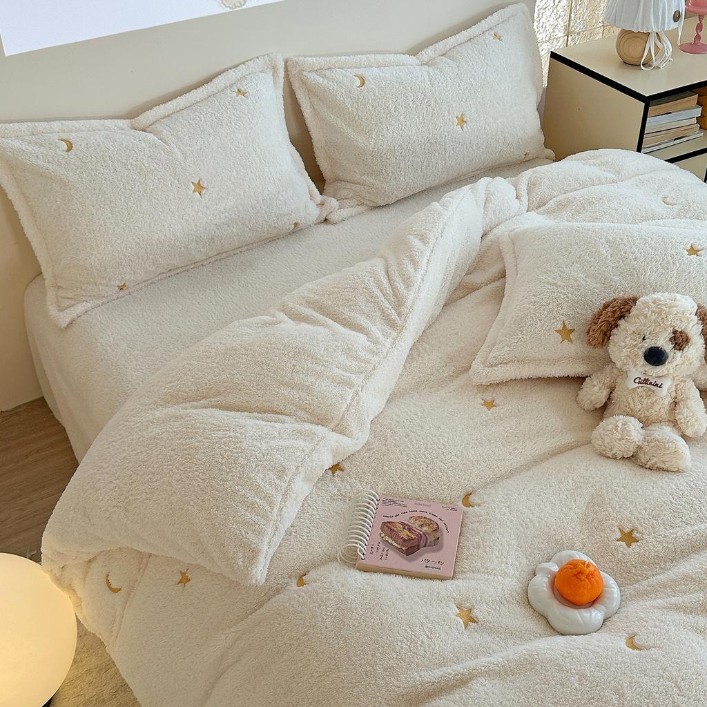Thickened Milk Fleece Embroidery Bed Four-Piece Set Flange Coral Fleece Quilt Cover Bed Sheet People Children'S Mattress Bedding