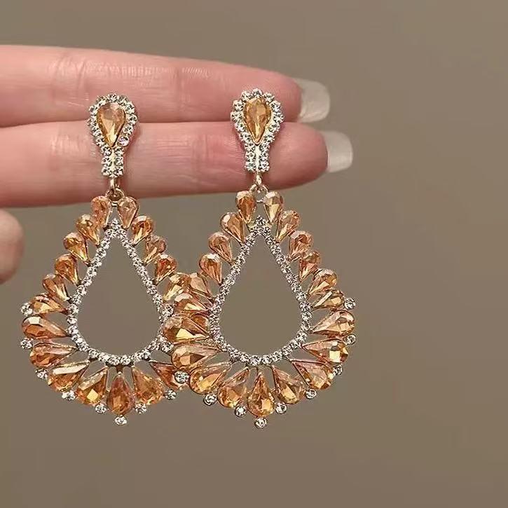 Silver Needle Diamond Inlaid Water Drop Tassel Stud Earrings - High-End Geometric Fashion for Women
