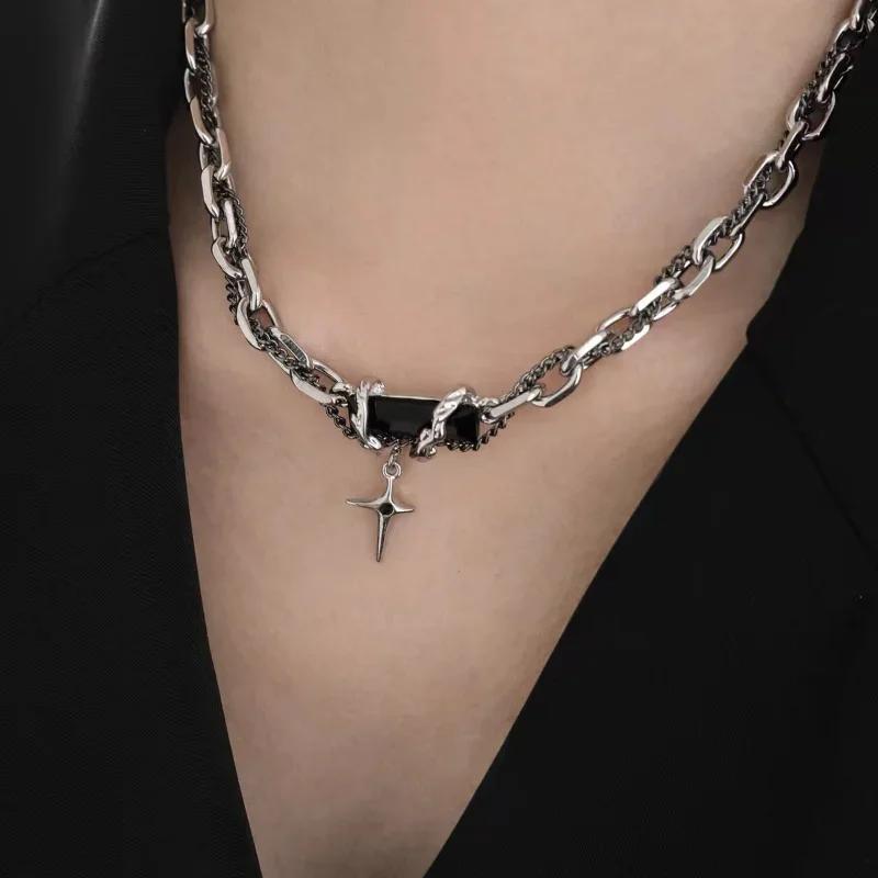 Punk Vintage Cross Star Crystal Beaded Collar Pendant Necklace for Women Personality Baroque Pearl Chain Hip Hop Rock Jewelry
