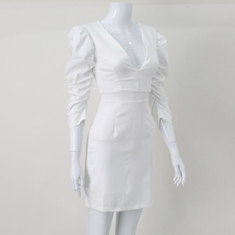 Women's Pure White Foam Sleeve Deep V Waist Halter Elegant Fashion Dress
