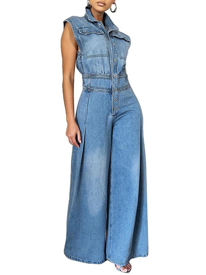 Elegant Women's Sleeveless Washed Denim Jumpsuit with Wide-Leg Pants