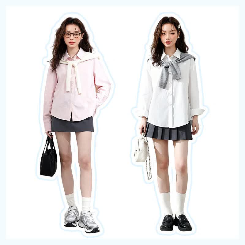 MJ STYLE Women's Cotton Oversized Color-Block Shawl Collar Shirt