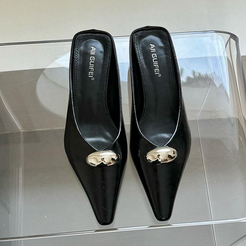 Fashion New Fashion Metal Women Heeled Slippers Sandals Shoes Female Mules Summer Beach Pointed Toe Ladies Flats Slippers Shoes Slides