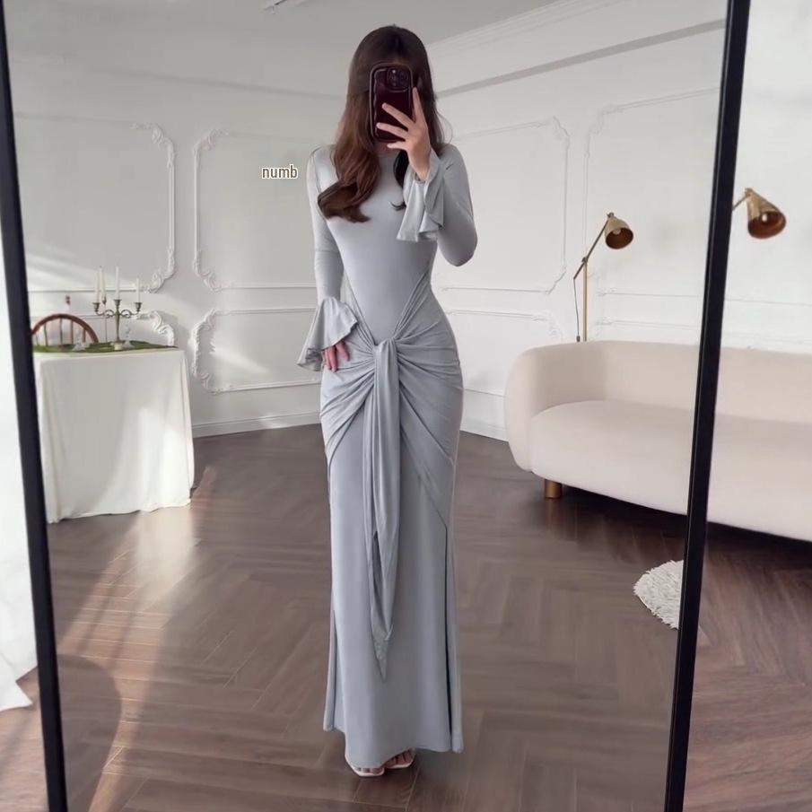 2025 Summer European & American Women's Tie Waist Long Sleeve Slimming Dress