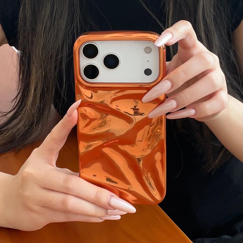 Plating Cosmic Orange 3D Water Ripple Pattern Case For iPhone 17 Pro Max 16 15 Air 14 13 12 11 Fashion Phone Back Cover