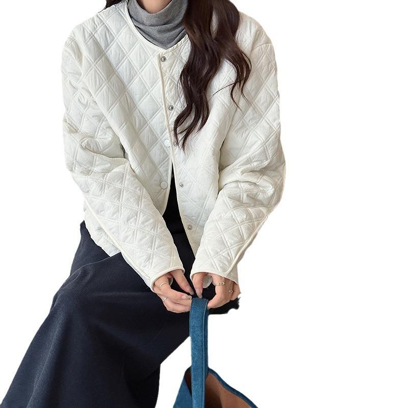 Autumn and winter women's light cotton-padded jacket, short round neck rhombus thermal cotton-padded jacket