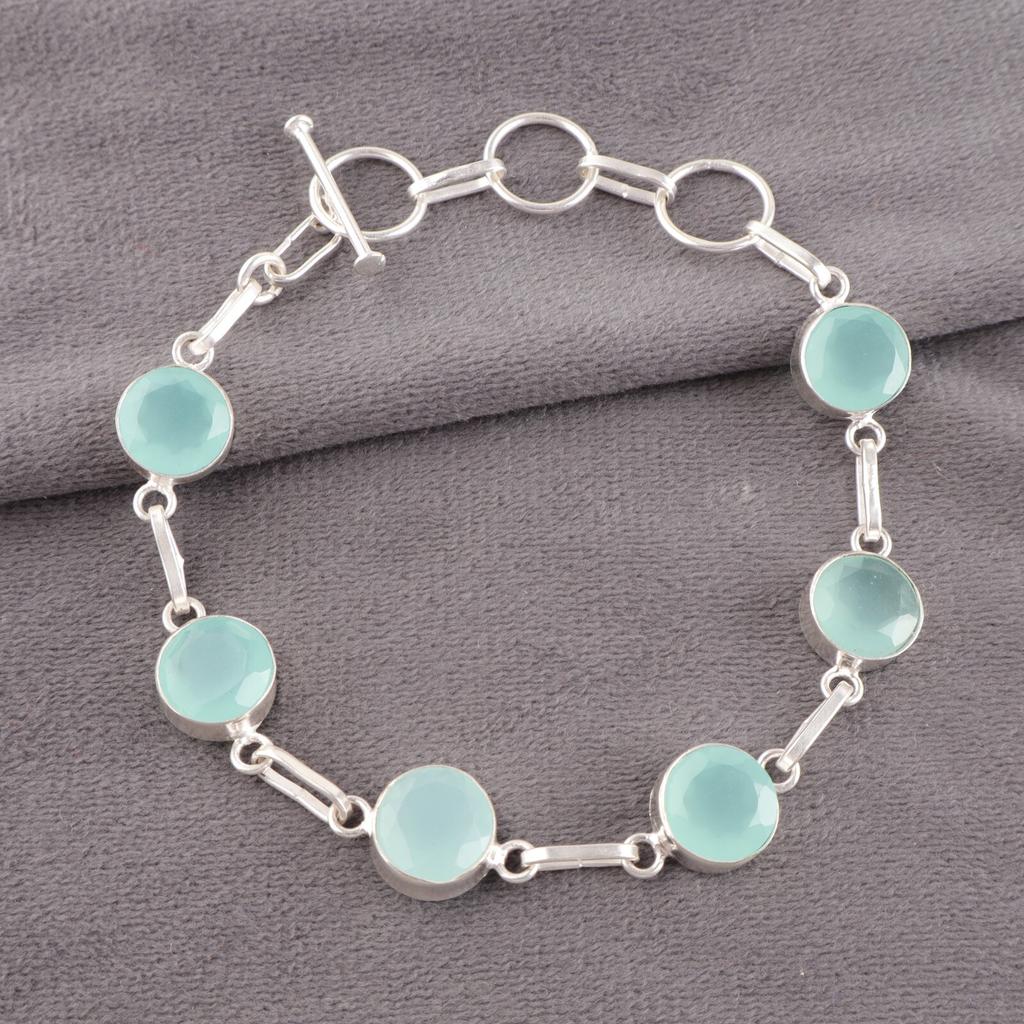 Aqua Chalcedony Gemstone 925 Fine Silver Jewelry Handmade Bracelet Birthday Gift RB-14-18