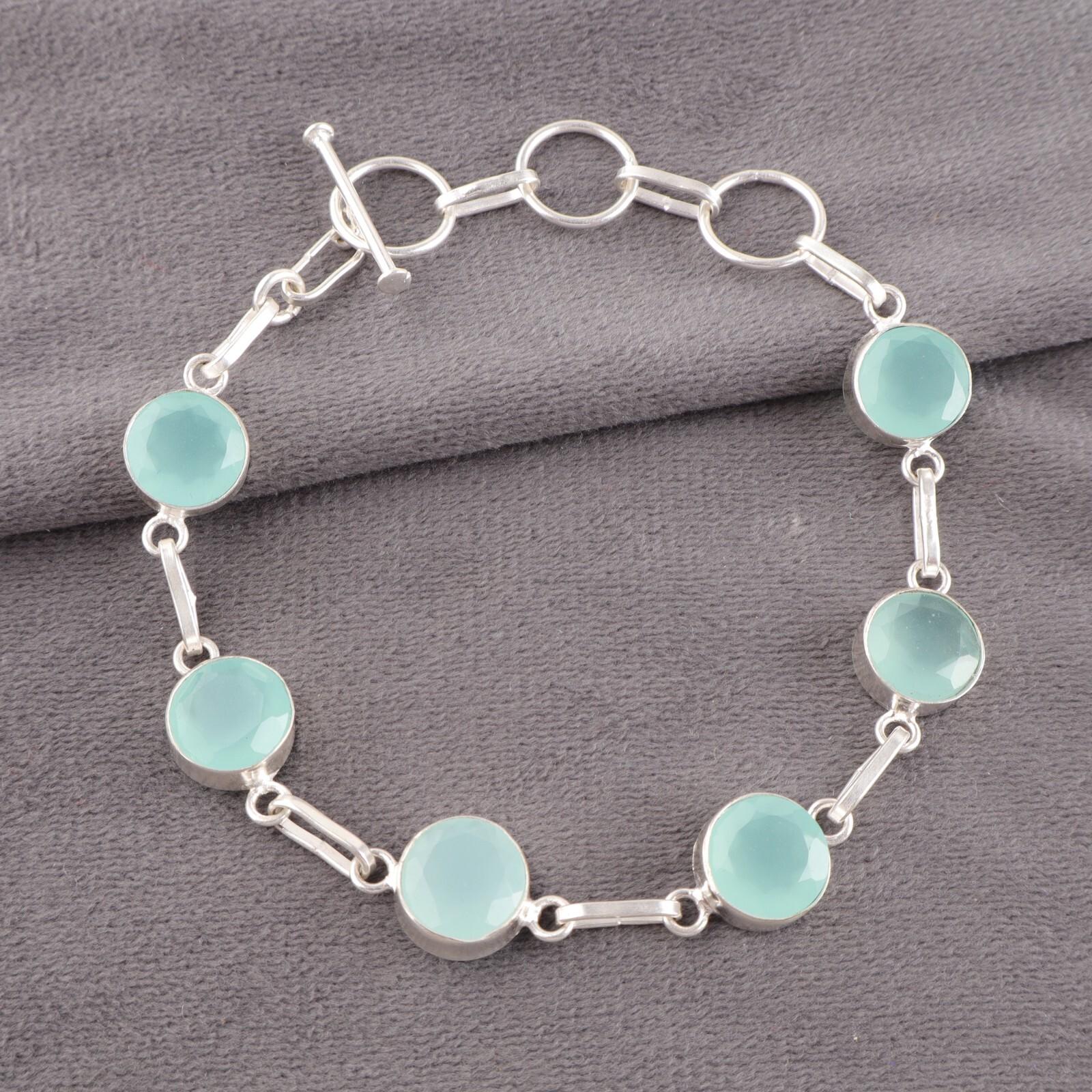 

Аква Халцедон Драгоценный Камень 925 Проба Серебро Ювелирные Изделия Ручной Работы Браслет Подарок на День Рождения RB-14-18