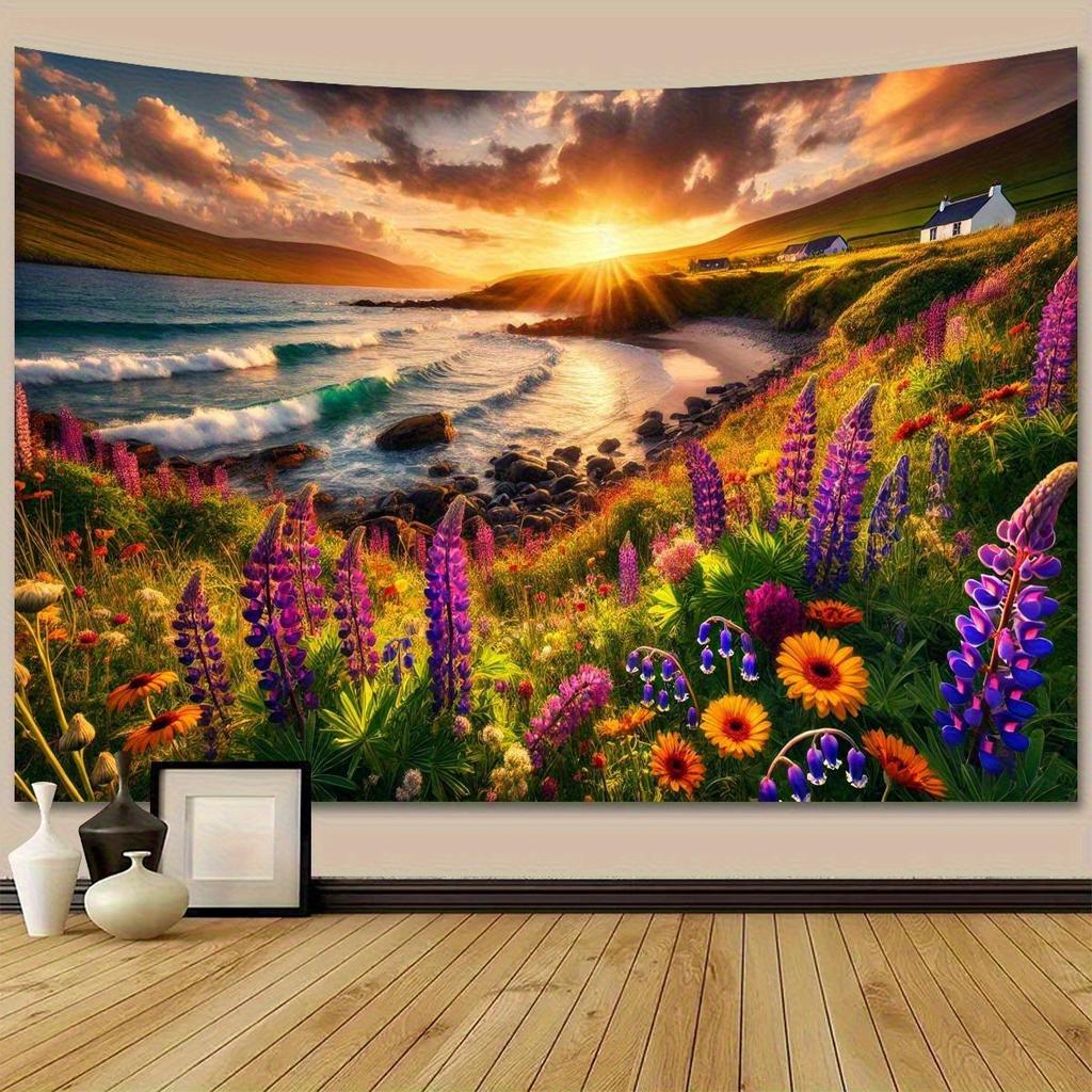 Sunset Beach Tapestry Vibrant Floral Wall Art for Living Room or Bedroom Large Decorative Hanging Add Natures Beauty