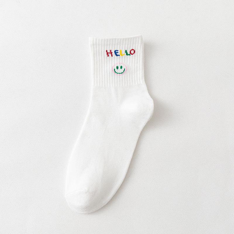 Autumn and Winter Women's Socks Mid-calf White Cartoon Student Bear Rainbow Letter Heart Smiling Face Striped Sports