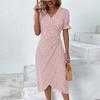 Damen Sommer Freizeitkleid V-Ausschnitt A-Linie Boho Kleines Blumenmuster Ärmel Wickel Saum Kleid
