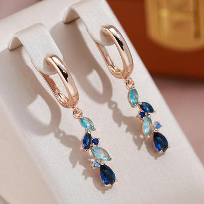1 Pair Elegant Dark Light Blue Zircon Tassel Dangle Earrings for Women Golden Color Luxury Jewelry Wedding Accessories