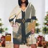 Women Plus Size V Neck Long Sleeve Red Blue Printed Fitted Straight Hem Dress