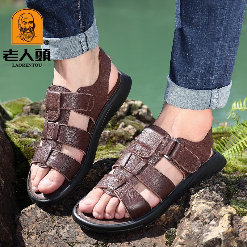 

Men s green middle-aged men s sandals first layer cowhide open-toed outdoor leisure sports elderly head sandals 38 чорний