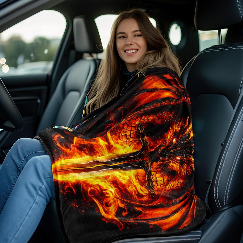 Dragon Wings & Sword Flannel Blanket - Lightweight & Portable for Sofa/Bed/Travel, Soft Machine Washable Polyester Throw