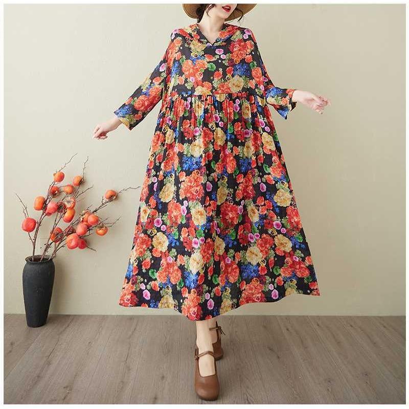 Ladies' Retro Niche Cloud Brocade Yarn Cotton Linen Hooded Printed Dress