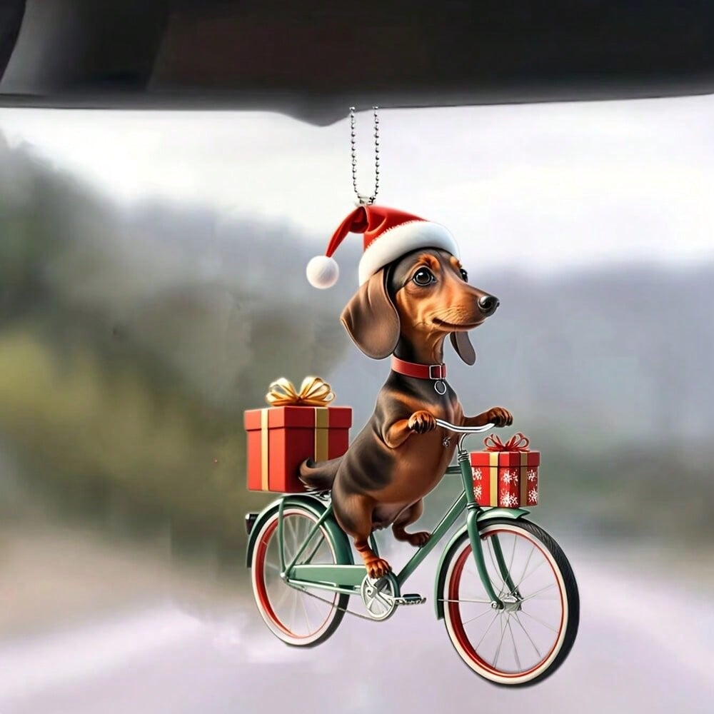 1pc, Riding Dog Acrylic Ornaments, Holiday Vintage Bicycle With Gift Car And Bag Key Chain Decoration