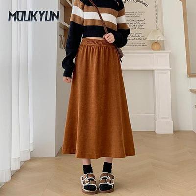 Mode Hohe Taille Cordröcke Damen Koreanisch Elegant College Stil Midirock Damen Herbst Winter Dick A-Linien-Rock