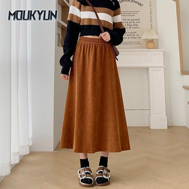 Mode Hohe Taille Cordröcke Damen Koreanisch Elegant College Stil Midirock Damen Herbst Winter Dick A-Linien-Rock