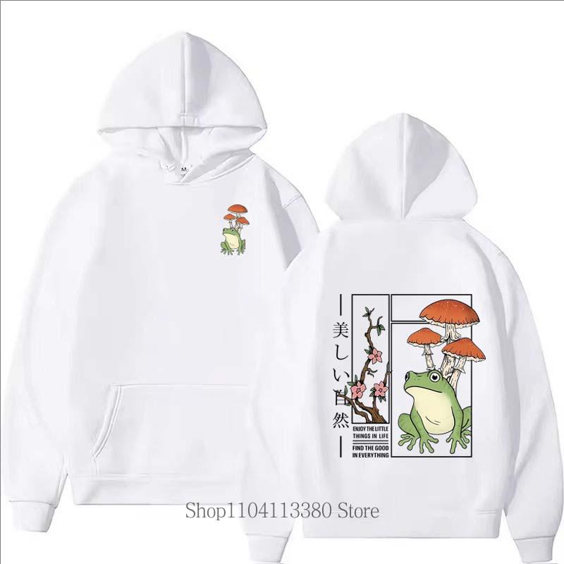 Men Frog Mushroom Print Fleece Hoodie Funny Fashion Vintage Pullover Autumn Winter Comfortable Long Sleeve Sweatshirts