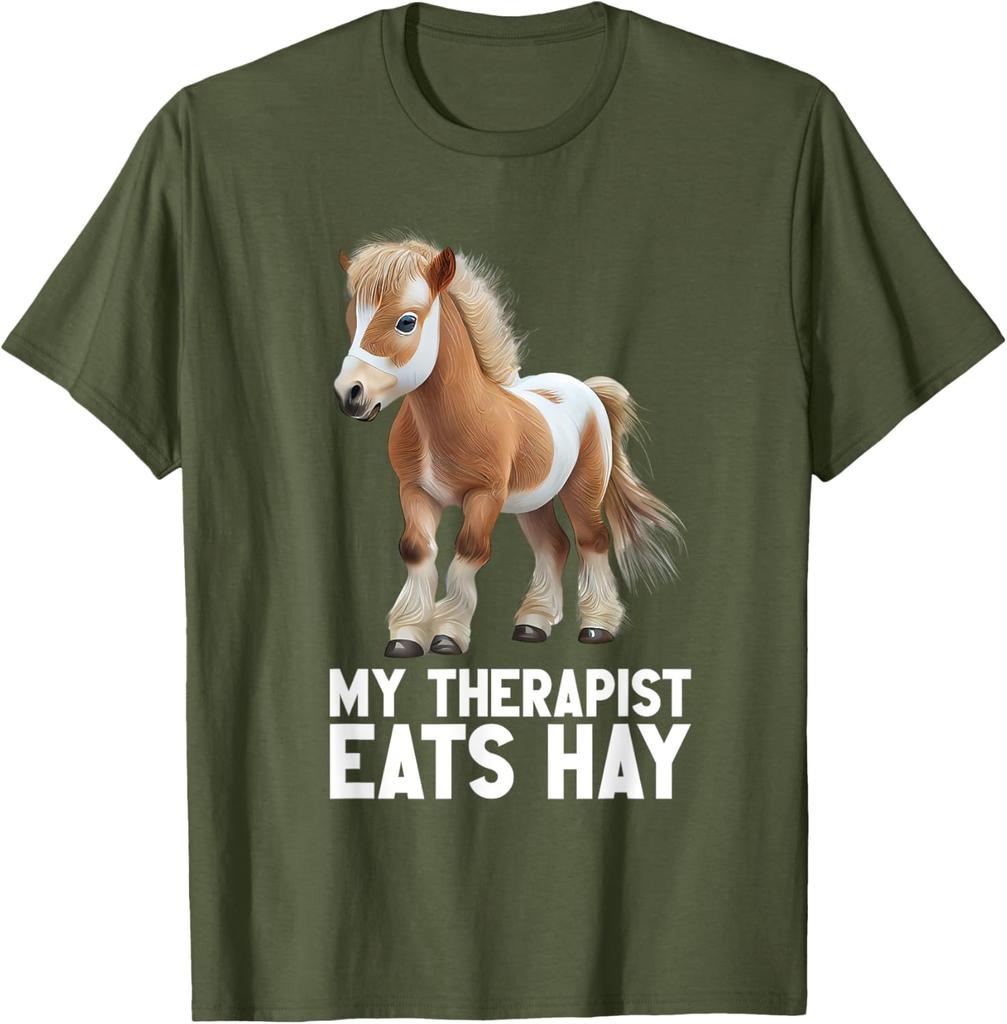 My Therapist Eats Hay Funny Cute Miniature Pony Horse Graphic T-Shirt Casual Short Sleeve Tee