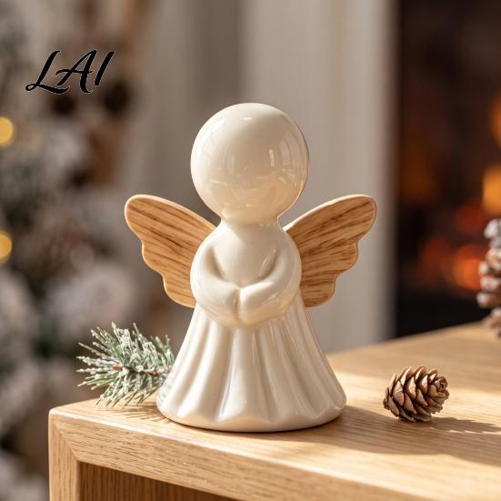 Cute Desk Decor for Bedroom Minimalist Angel Figurine with Wood Texture Wings Compact Statue Modern Aesthetic Table Centerpieces Decorative